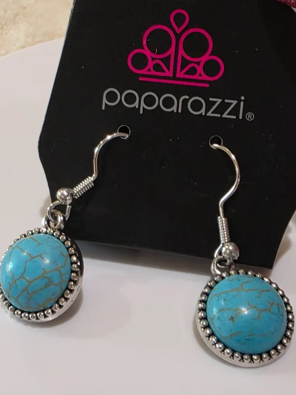 NOC Paparazzi Blue Marbled Round SW Style Silver Dangle Pierced Earrings NOS